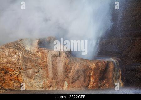 Ausbruch des Riverside Geyser am Firehole River im Yellowstone National Park, Wyoming, USA. Wunderschöne amerikanische Landschaften Stockfoto