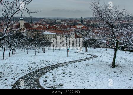 Panoramablick auf Prag von Petrin Hügel und Gärten, Tschechische republik. Prag Winterpanorama.Snowy Tag in der Stadt.Amazing europäischen Stadtbild kalt wir Stockfoto