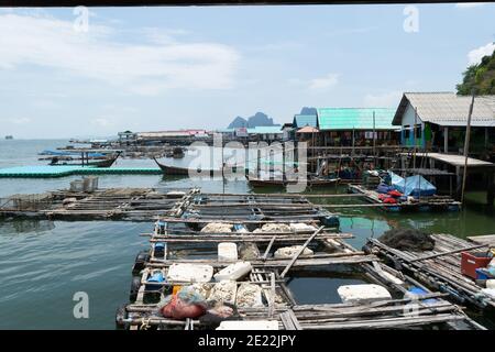 Koh Panyee schwimmende Fischerdorf in Phang Nga Bucht National park mit Fisch wachsenden Netzen Konstruktionen im Wasser und Farbenfrohe Dachgebäude Stockfoto