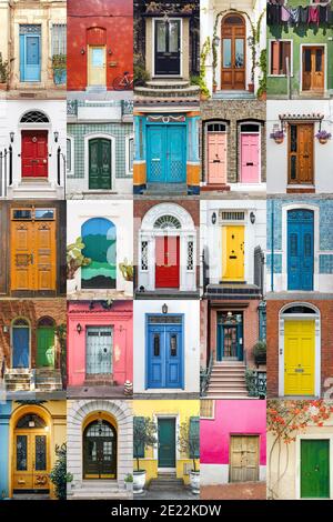 Bunte Sammlung von Eingangstüren aus der ganzen Welt, architektonischer Hintergrund Stockfoto