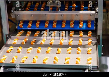 Cookies nach dem Formen auf der automatisierten Teigwarenproduktionslinie. Selektiver Fokus. Stockfoto