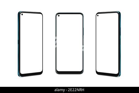 Smartphone in drei Positionen isoliert. Vorne, links und rechts. Isolierte Runde für Mockup, App-Design-Förderung Stockfoto