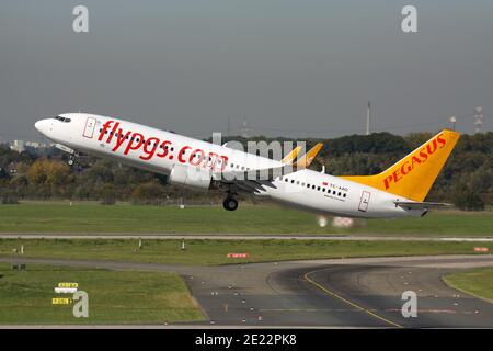 Turkish Pegasus Airlines Boeing 737-800 mit Registrierung TC-AAO ist gerade von der Start- und Landebahn 23L des Düsseldorfer Flughafens abgefahren. Stockfoto