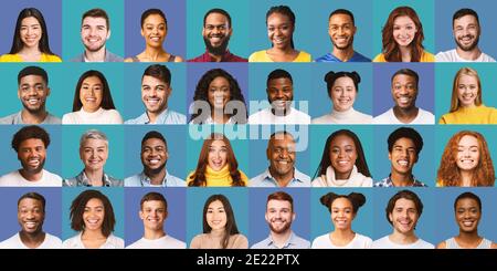 Set Von Vielen Fröhlichen Menschen Gesichter Auf Blauen Hintergründen, Collage Stockfoto