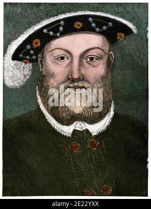 Heinrich VIII., König von England. Handkolorierter Holzschnitt Stockfoto