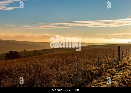 Sonnenaufgang über den South Downs in Sussex Stockfoto