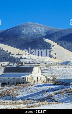 Alte Scheune unterhalb des nevada Berges entlang der kontinentalen Kluft im Winter in der Nähe von Helmville, montana Stockfoto