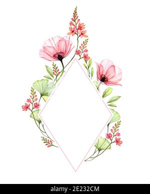 Aquarell Raute Rahmen. Blumenarrangement mit Platz für Text. Transparente Feld Mohnblumen. Handbemalte Frühlingsillustration für Logo und Hochzeit Stockfoto