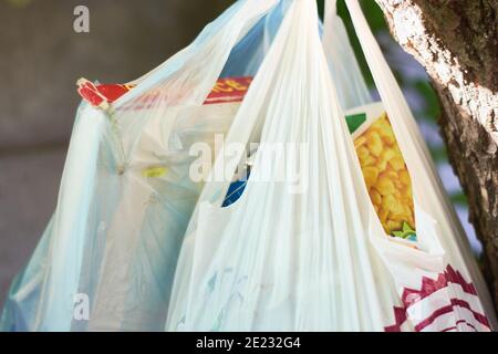 Weiße Plastiktüten voller Müll, die vom Baum hängen und darauf warten, vom Müllsammler abgeholt zu werden. Konzept der Umweltverschmutzung. Stockfoto