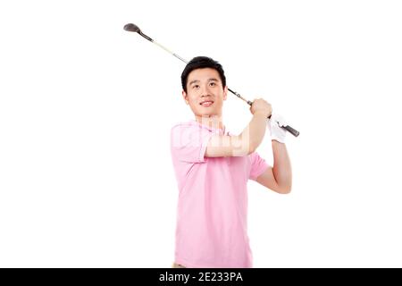 Ein glücklicher junger Geschäftsmann spielt Golf hohe Qualität Foto Stockfoto