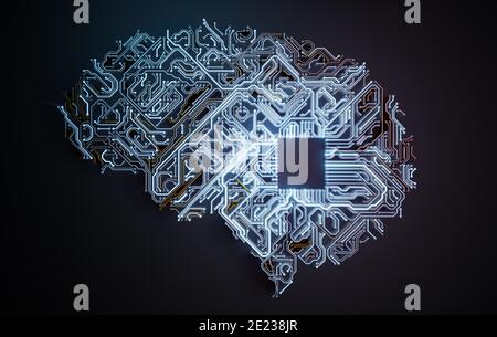 Konzept der künstlichen Intelligenz. Elektronische Schaltung der Gehirnform. 3D-Darstellung. Stockfoto