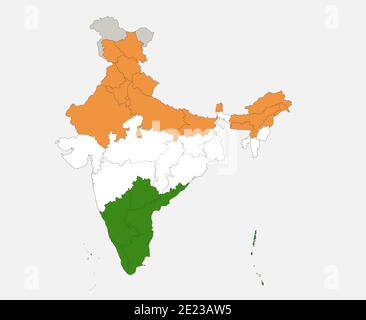 Karte von Indien in den Farben der Flagge Mit Verwaltungsbereichen leer Stockfoto