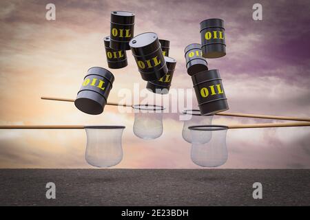 Black Metal Oil Barrels fallen vom Himmel und die Netze versuchen, sie bei Sonnenuntergang magenta Tag demonstrieren Ölpreis Konzept zu fangen. 3D-Illustration Stockfoto
