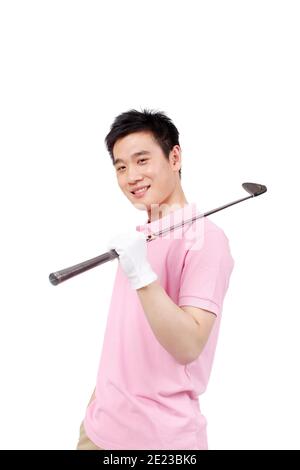 Ein glücklicher junger Geschäftsmann spielt Golf hohe Qualität Foto Stockfoto