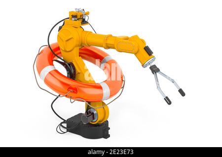 Reparatur und Service von Roboterarm, 3D-Rendering isoliert auf weißem Hintergrund Stockfoto