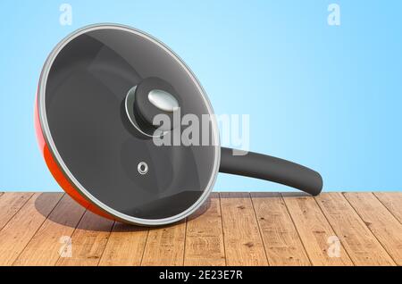 Frypan mit Glasdeckel auf den Holzbohlen, 3D-Rendering Stockfoto