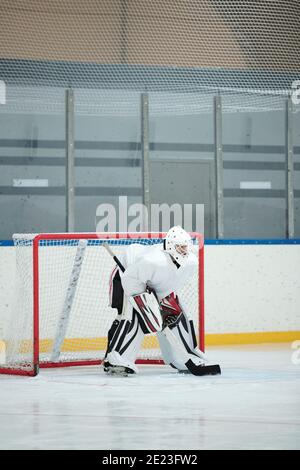 Hockeyspieler in weißer Sportuniform, Helm, Handschuhe und Schlittschuhe halten Stock beim Biegen nach vorne auf der Eisbahn vor dem Netz und warten auf Puck Stockfoto
