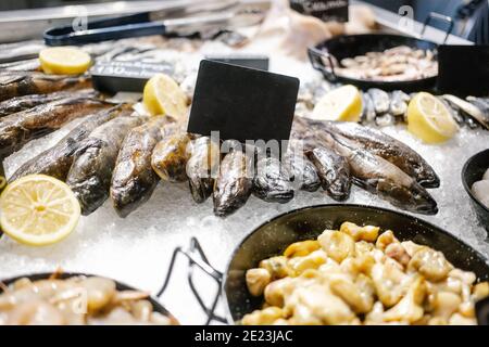 Verschiedene Meeresfrüchte in den Regalen des Fischmarktes. Frische Meeresfrüchte auf zerkleinertem Eis auf dem Fischmarkt. Selektiver Fokus. Stockfoto
