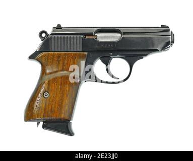 Nahaufnahme von Walther PPK Handfeuerpistole cal. 7,65 mm Stockfoto