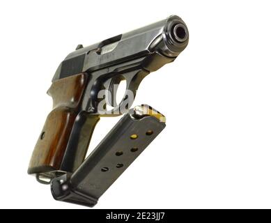 Nahaufnahme von Walther PPK Handfeuerpistole cal. 7,65 mm Stockfoto