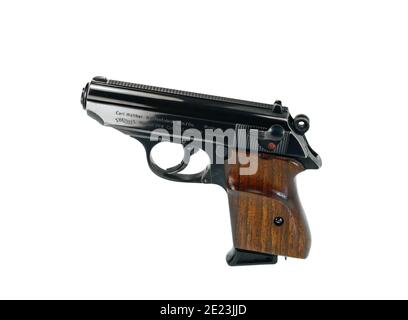 Nahaufnahme von Walther PPK Handfeuerpistole cal. 7,65 mm Stockfoto