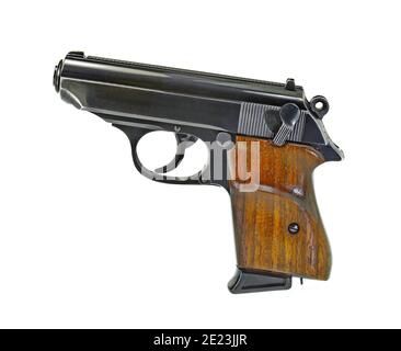 Nahaufnahme von Walther PPK Handfeuerpistole cal. 7,65 mm Stockfoto