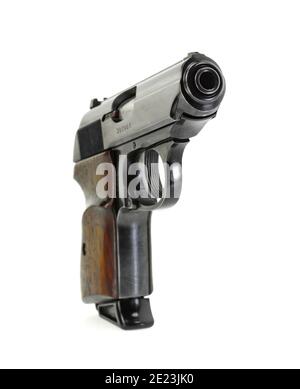 Nahaufnahme von Walther PPK Handfeuerpistole cal. 7,65 mm Stockfoto