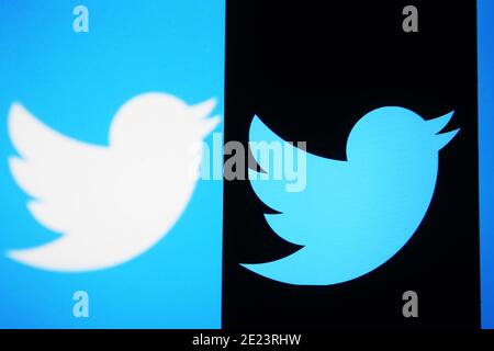 Ukraine. Januar 2021. In dieser Abbildung ist ein Twitter-Logo auf einem Smartphone und einem Computerbildschirm im Hintergrund zu sehen. Kredit: Pavlo Gonchar/SOPA Images/ZUMA Wire/Alamy Live Nachrichten Stockfoto