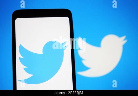 Ukraine. Januar 2021. In dieser Abbildung ist ein Twitter-Logo auf einem Smartphone und einem Computerbildschirm im Hintergrund zu sehen. Kredit: Pavlo Gonchar/SOPA Images/ZUMA Wire/Alamy Live Nachrichten Stockfoto