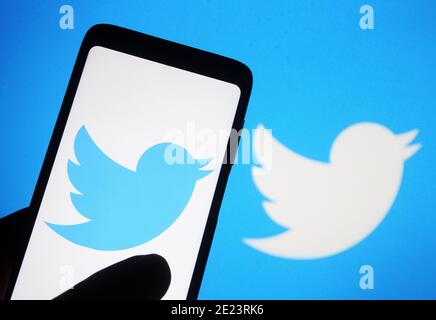 Ukraine. Januar 2021. In dieser Abbildung ist ein Twitter-Logo auf einem Smartphone und einem Computerbildschirm im Hintergrund zu sehen. Kredit: Pavlo Gonchar/SOPA Images/ZUMA Wire/Alamy Live Nachrichten Stockfoto