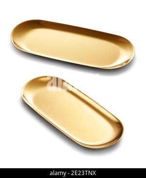 Goldenes Tablett isoliert auf weiß mit Beschneidungspfad Stockfoto