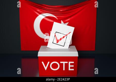 3d-Darstellung einer Wahlurne oder Wahlurne, in die ein Stimmzettel von oben fällt, mit der Nationalflagge der Türkei im Hintergrund. Abstimmung Stockfoto