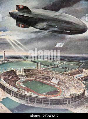 Das luftschiff "Hindenburg" über das reichssportfeld am Tag der Eröffnung der Spiele der XI. Olympischen Spiele, Berlin 1936 Stockfoto