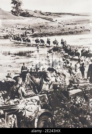 Der Mangel an Straßen und Brücken hat den Vormarsch der deutschen Armee nicht am Anfang der Russischen Kampagne zu stoppen. Stockfoto