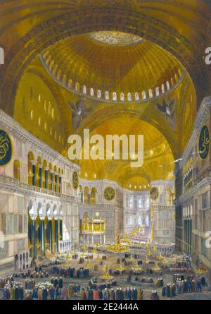 Schiff der Ayasofya Moschee, die früher die Kirche Hagia Sophia, mit Blick nach Osten; mit Gruppen von Männern in traditioneller Kleidung. Türkei (Osmanisches Reich). Stockfoto
