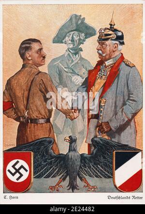 NSDAP Propaganda Farbkarte 'Deutschlands Erlöser' mit Illustration Hitler und Hindenburg bei Handschlag, im Hintergrund Friedrich II., im Vordergrund Stockfoto