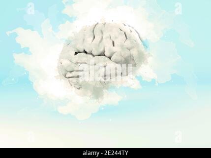 3d-Rendering eines Gehirns mit Aquarell auf einem weißen Und hellblauer Hintergrund - Konzept der Kreativität Stockfoto