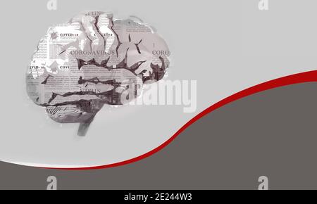 3d-Rendering des Hirnbildes mit Zeitungsartikeln über Coronavirus - gefälschtes Nachrichtenkonzept Stockfoto