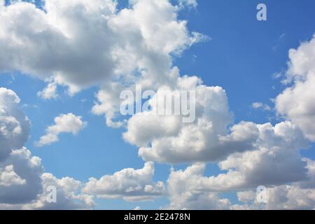 Flauschige weiße Wolken im blauen Himmel Hintergrund. Weiße geschwollene, baumwollartige Cumulus-Art von Wolken am Himmel. Stockfoto