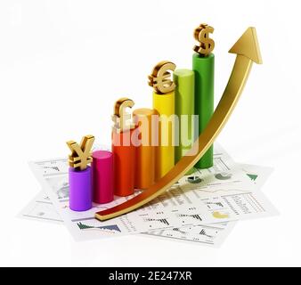 Steigende Pfeil und Diagramm mit Dollar, Euro, Pfund und Yen-Symbole. 3D-Illustration. Stockfoto