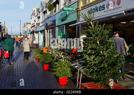 Ein Blick auf die Straße der traditionellen alten Geschäfte entlang der John Street im Stadtzentrum zur Weihnachtszeit. Weihnachtsbäume zum Verkauf. Stockfoto