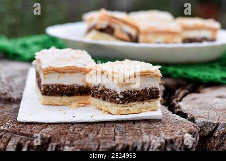 Köstliche hausgemachte Kuchen mit Vanille und Schokolade Pudding Sahne und Pekannusseteig auf Holzgrund serviert Stockfoto