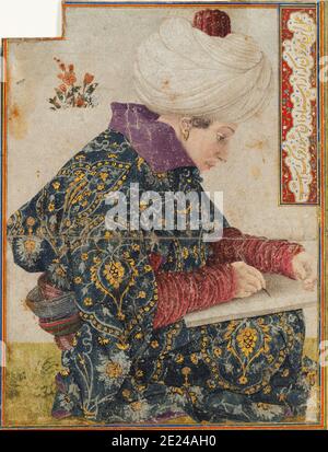 Türkei: 'Seated Scribe'. Porträtzeichnung des venezianischen Künstlers Gentile Bellini (1429-1507), c. 1479-1481. Dieses Gemälde, das heute im Isabella Stewart Gardner Museum in Boston untergebracht ist, spiegelt Bellinis Leidenschaft für die östlichen Kulturen wider. Ursprünglich von Fatih Sultan Mehmet II im Jahr 1479 beauftragt, nach Konstantinopel zu gehen, um zwei Jahre lang Porträts des Sultans zu malen, war der venezianische Maler stark von osmanischen Traditionen und Moden beeinflusst. Stockfoto