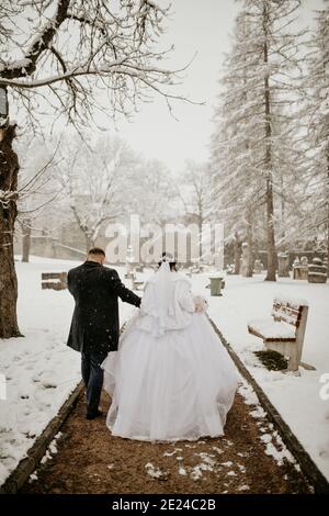 Vertikale Aufnahme einer schönen Braut und Bräutigam zu Fuß in Ein Park an einem verschneiten Wintertag Stockfoto