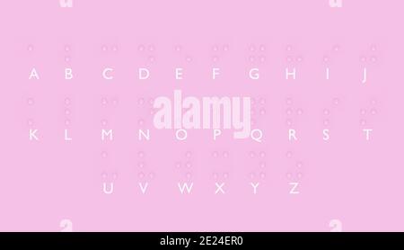 Braille Punkte Alphabet für Sehbehinderte. Aus rosa Kugeln geformt, 3d-Rendering Stockfoto