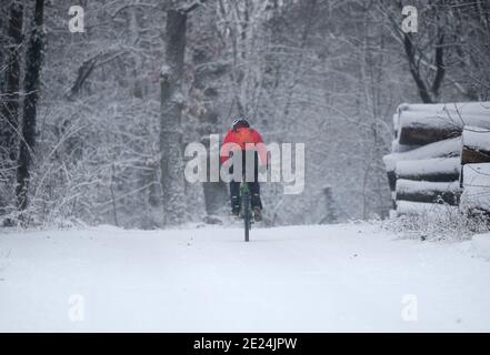 Frankfurt, Deutschland.12. Januar 2021./Main: Ein Radfahrer fährt auf einem verschneiten Radweg im Stadtwald. Winterliche Witterung hat Schnee in tief liegende Gebiete in der Rhein-Main-Region gebracht. Beeinträchtigungen im öffentlichen Verkehr und für Autofahrer sind die Folge. Foto: Andreas Arnold/dpa Stockfoto