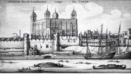 Tower of London England, Radierung des böhmischen Radierers Wenceslaus Hollar aus dem 16. Jahrhundert Stockfoto