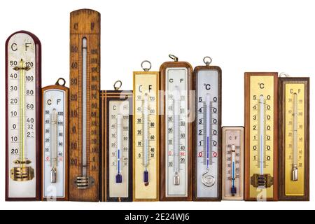 Satz von Retro-Thermometern isoliert auf weißem Hintergrund Stockfoto