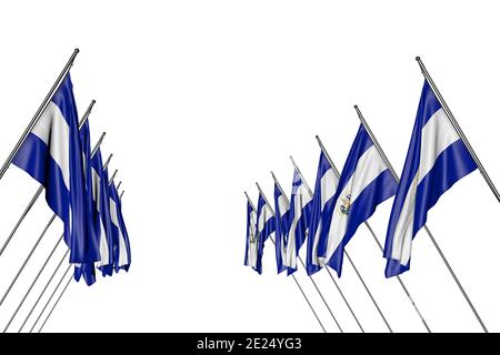 Cute nationalen Urlaub Flagge 3d-Illustration - viele El Salvador Fahnen hängen an den Eckpfosten von links und rechts Seiten isoliert auf weiß Stockfoto