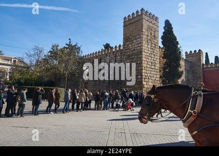 Sevilla, Andalusien, Spanien, Europa. Pferdekutsche und Blick auf das Löwentor im Real Alcazar von Sevilla und Reihe von Menschen, die darauf warten, einzutreten Stockfoto